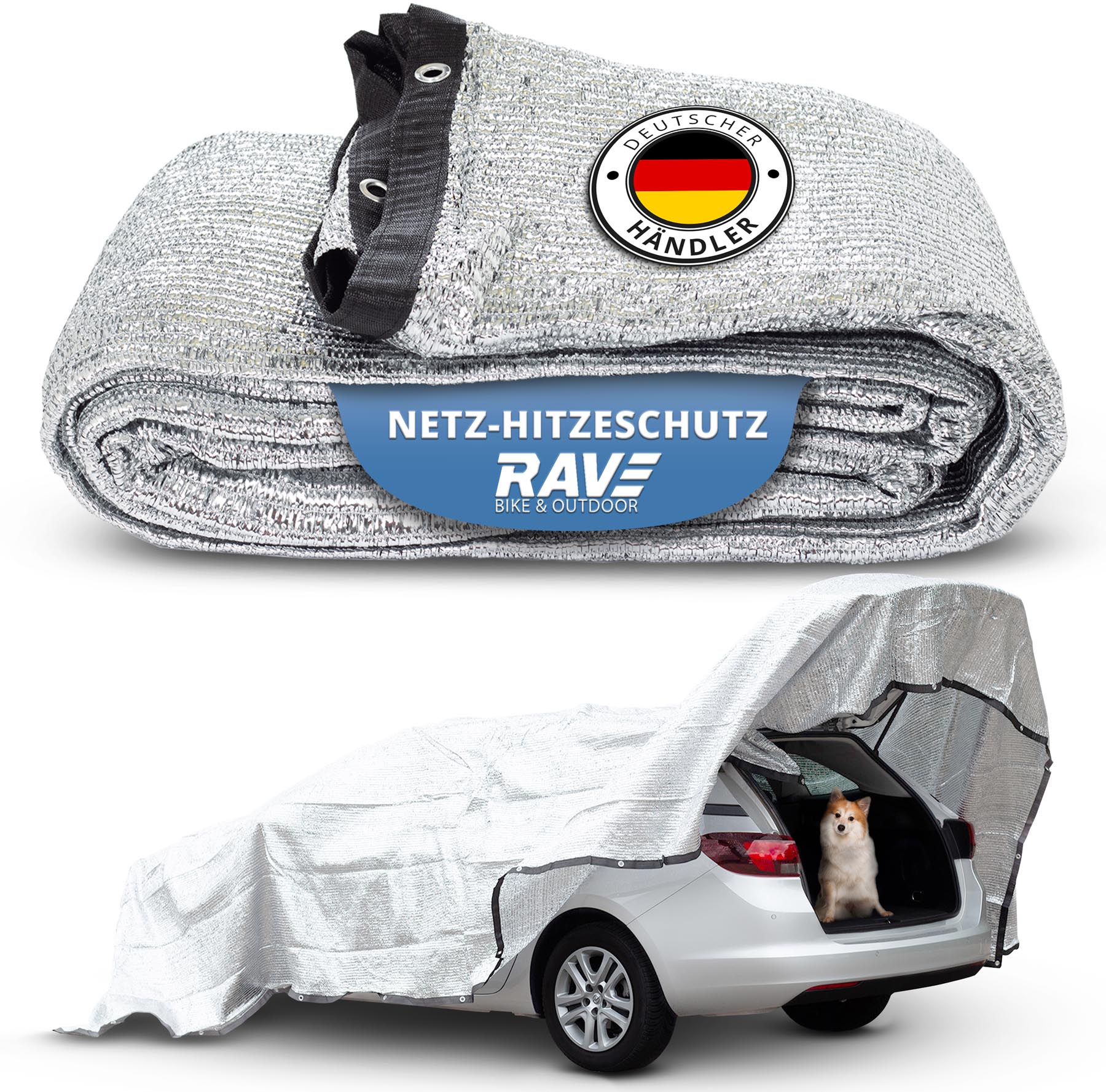 RAVE Schattennetz Sonnensegel Sonnenschutz für Auto, Hund & Camping, Hitzeschutz aus Aluminium, 4x6 Meter (24m²) 