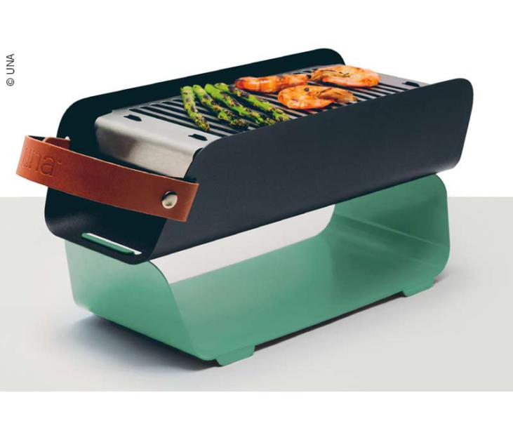 Tischgrill UNA, Holzkohlegrill, ca. 43 x 16 x 9 cm, 2 Grillhöhen, Griff aus Leder, Türkis