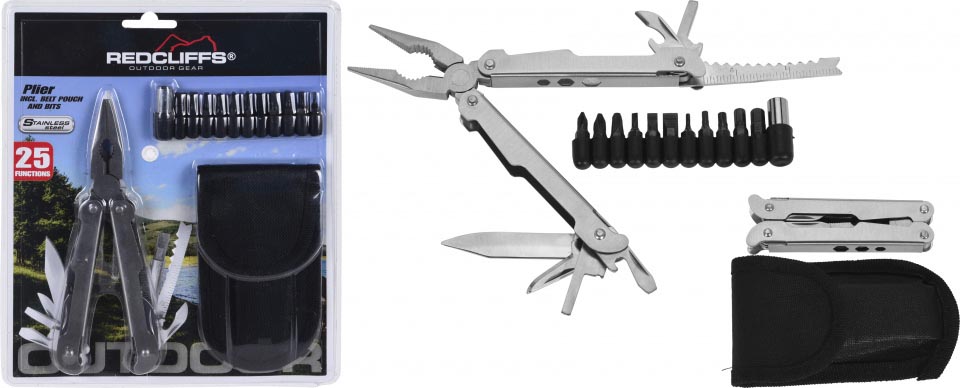Redcliffs Multitool grau/schwarz, aus Edelstahl, mit 25 Funktionen, ca. 24 x 20 x 2 cm