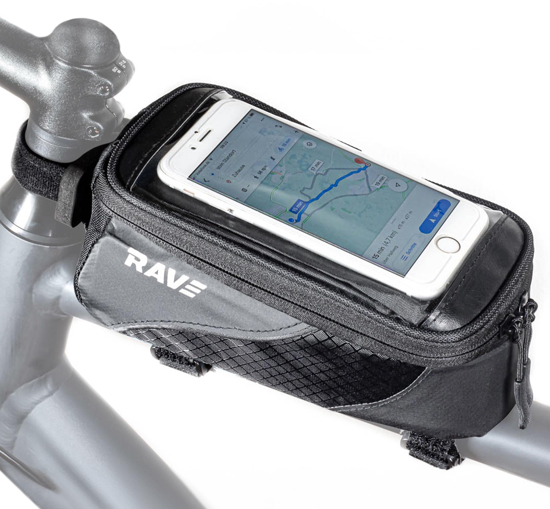 RAVE Fahrrad Handytasche Oberrohrtasche Rahmentasche, Universal Halterung, ca. 1,6 Liter, Schwarz